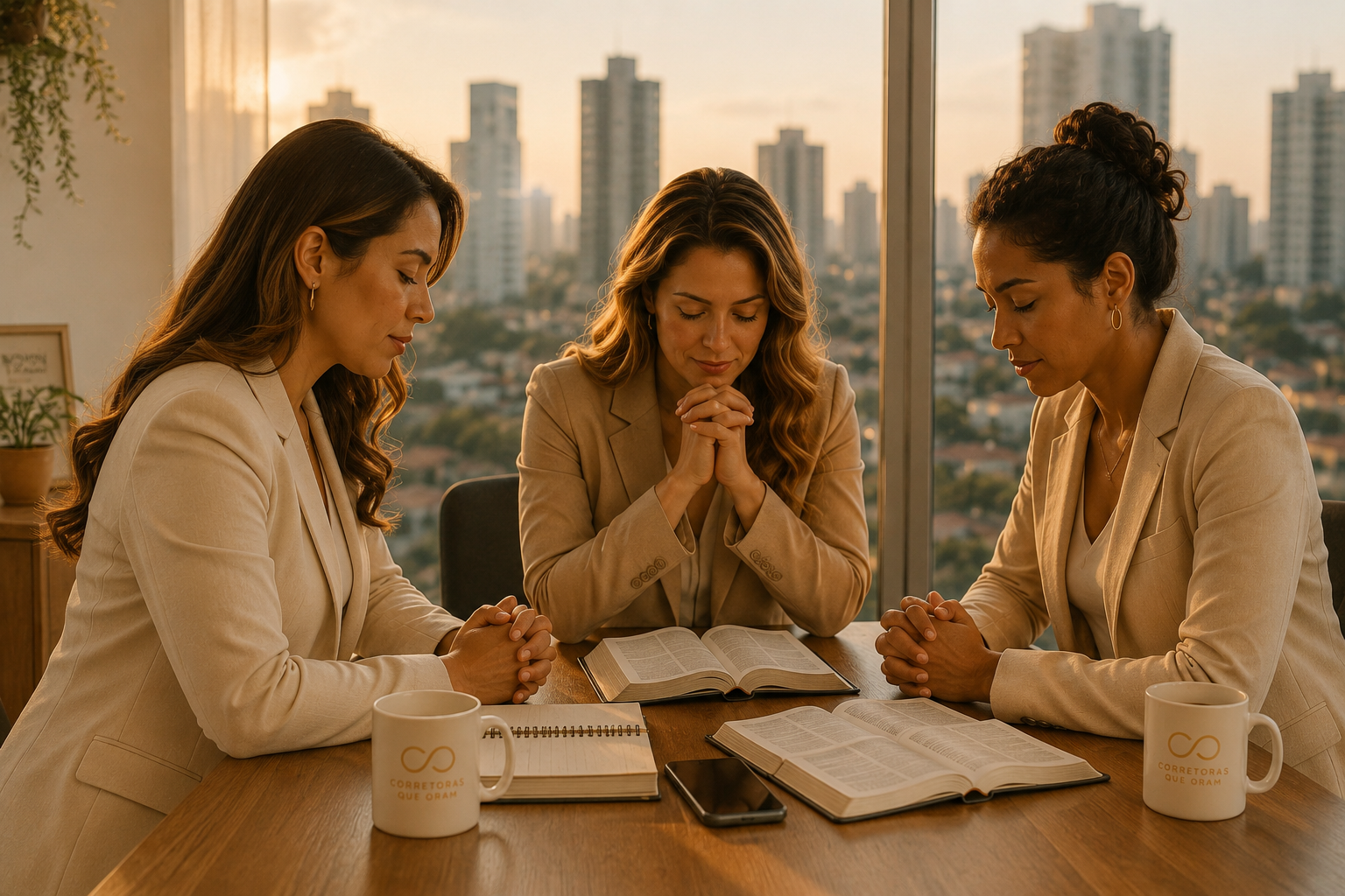 Três corretoras reunidas em oração ao redor de uma mesa com uma Bíblia aberta, luz natural ao amanhecer