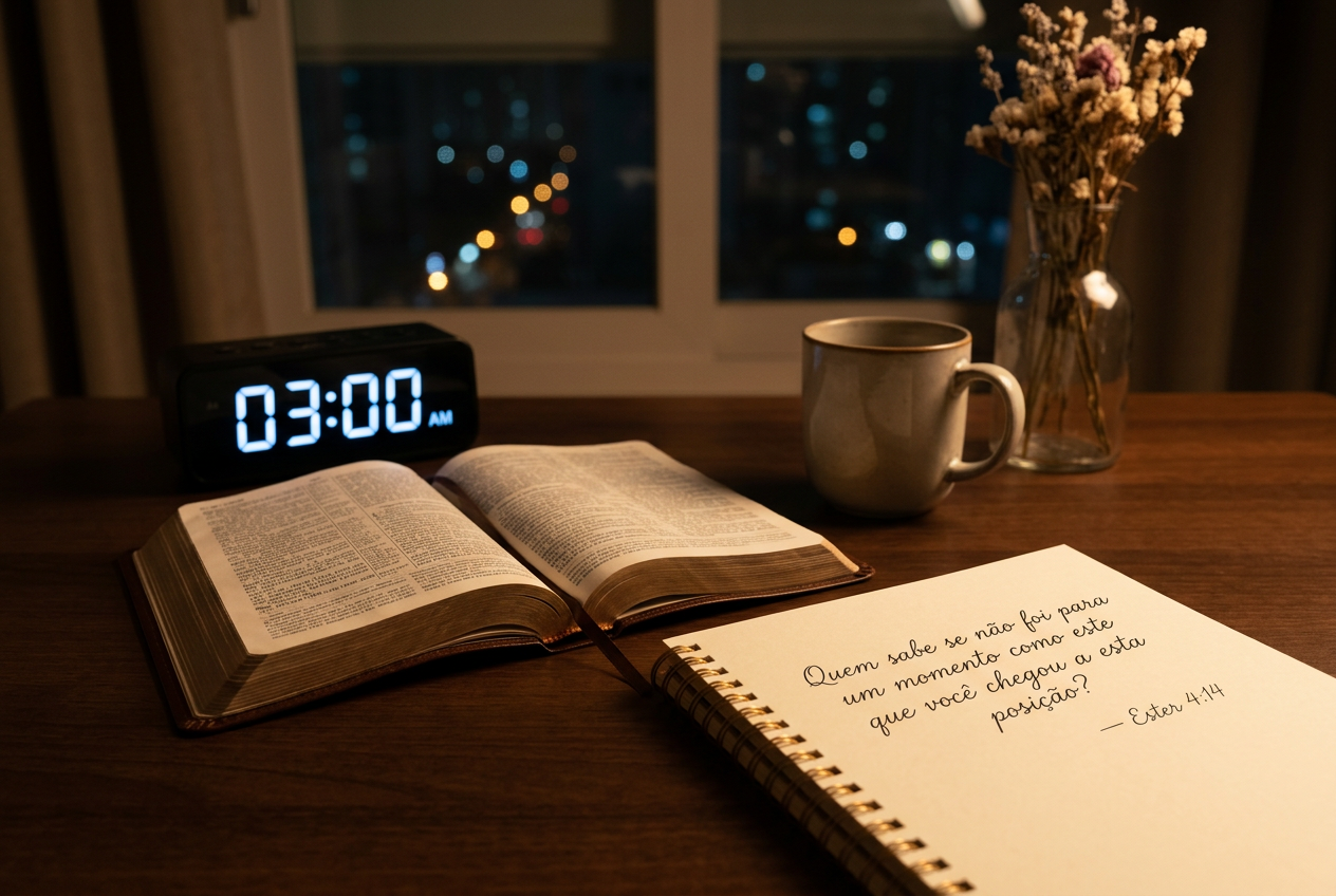 Mesa de madrugada com Bíblia aberta, relógio marcando 03:00 AM, caderno de anotações devocionais, caneca e flores diante da janela com a cidade à noite